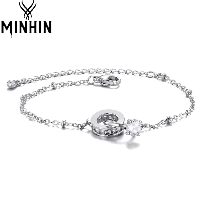

MINHIN Round Circle Silver Color Bracelets for Women Lover Shiny Cubic Zirconia Hand Chain Big Crystal Ring Wedding Link Chain