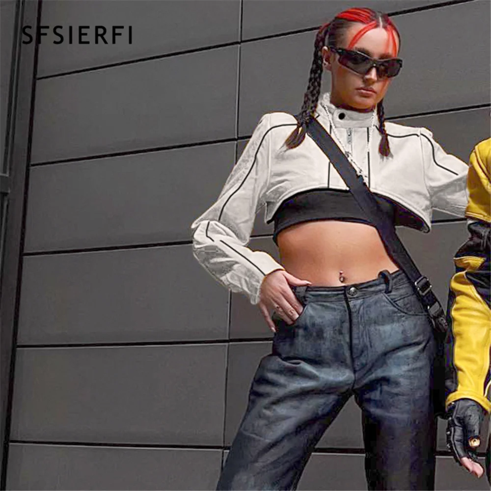 

SFSIERFI Cropped PU Leather Jacket 2022 Autumn White Faux Leather Basic Short Coat Turn-down Collar Motor Biker Zip Jacket
