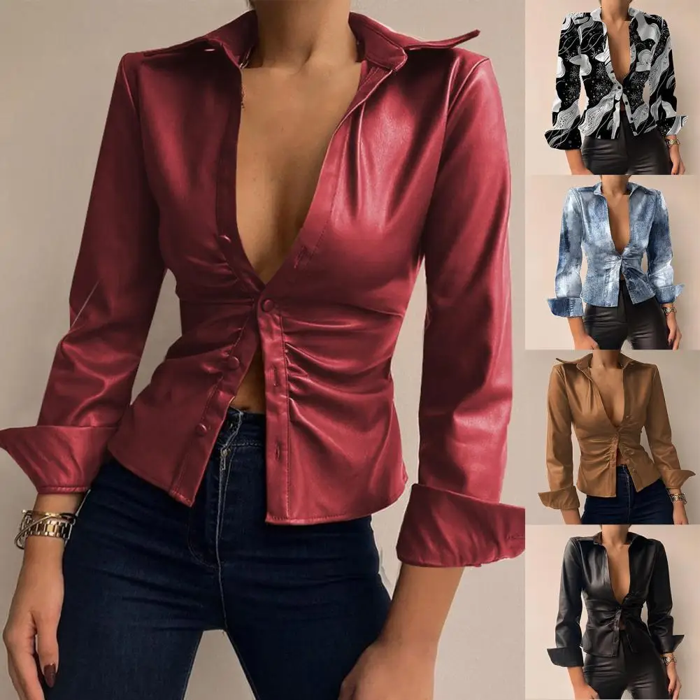 

Women Shirt Plaid Faux Leather Patchwork Contrast Colors Lady Jacket for Club