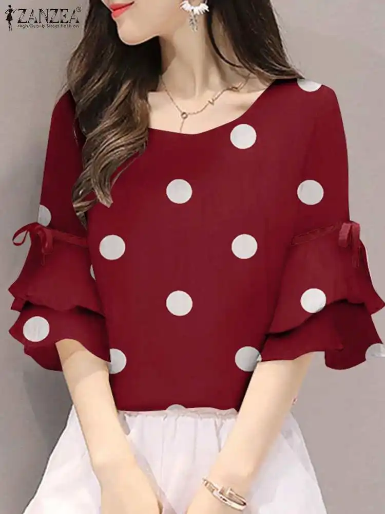 

2023 Spring Summer Women Blouses Fashion ZANZEA Tops Polka Dots Printed Flounce Half Sleeve Female Blusas Casual Lace-Up Tunic
