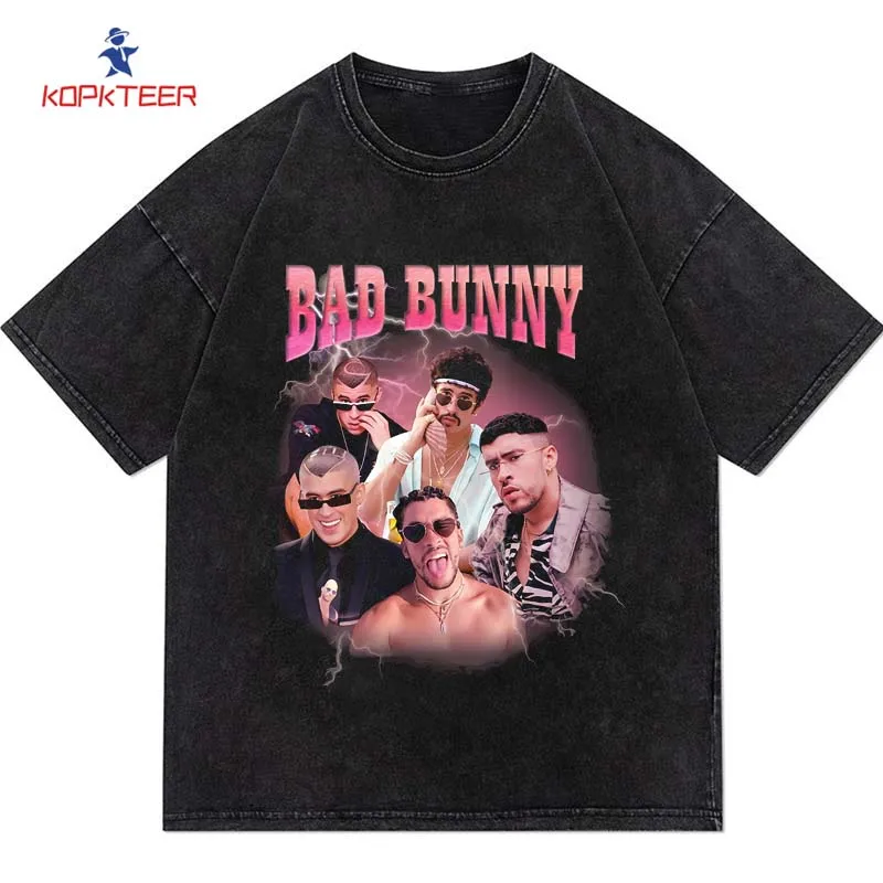 

Мужские и женские винтажные футболки Bad Bunny, летние футболки с коротким рукавом, хлопковая Футболка оверсайз
