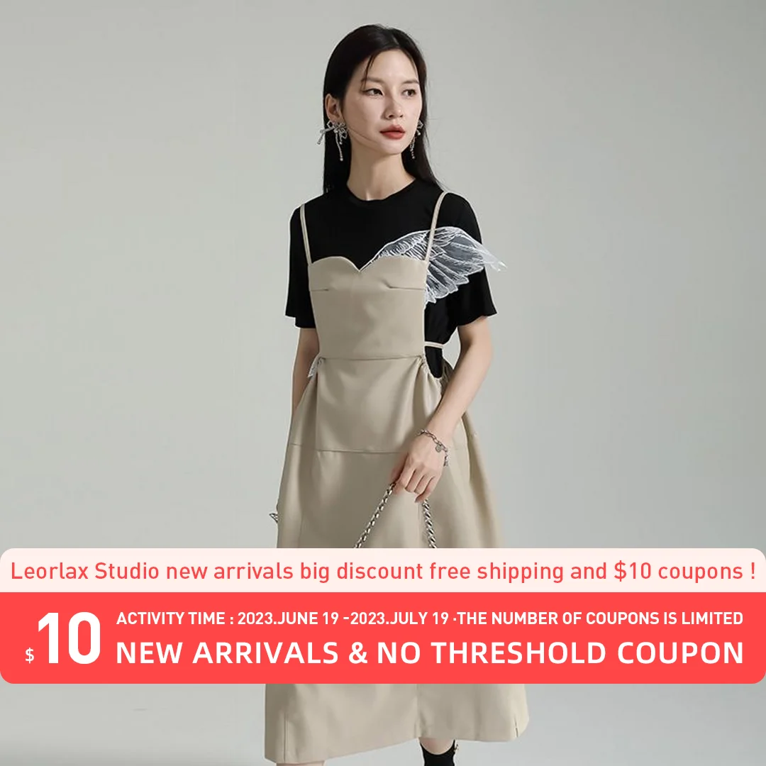 

Leorlax Original design PU skirt2023Summer loose slimming waist-tight three-dimensional large swing dress suspender skirt J0143