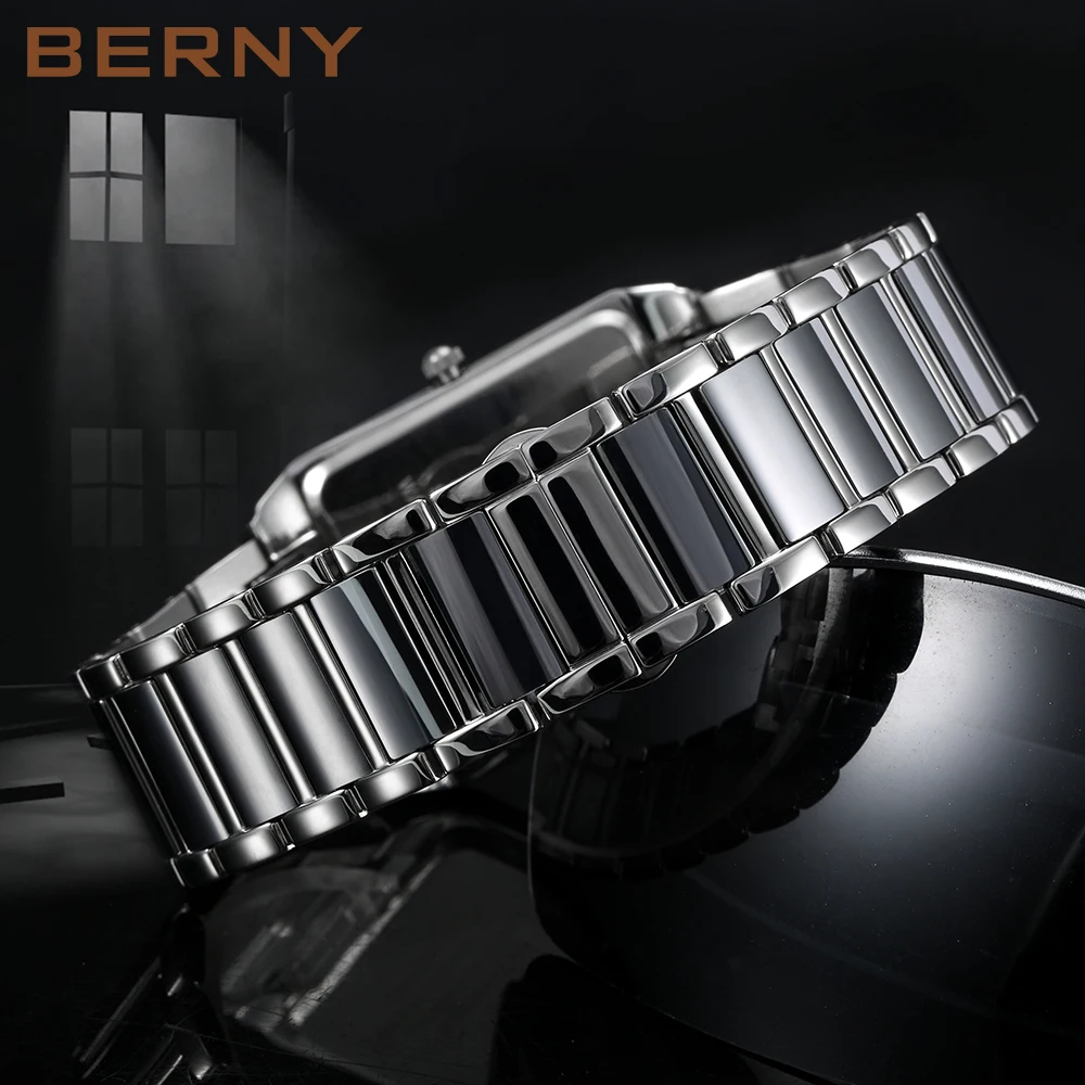BERNY Quartz Watch for Men Tank Wristwatches Sapphire Business Watches Full Stainless Steel Tungsten steel Case Waterproof Watch