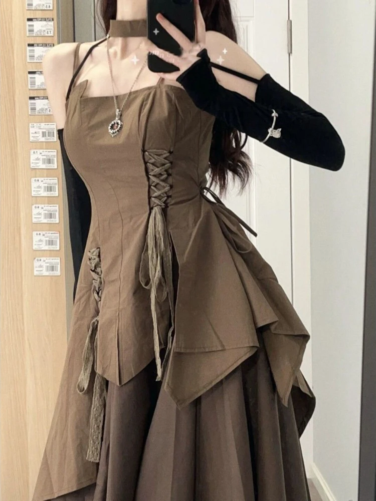 Xgoth женское коричневое платье на бретельках 2022 летняя новая французская