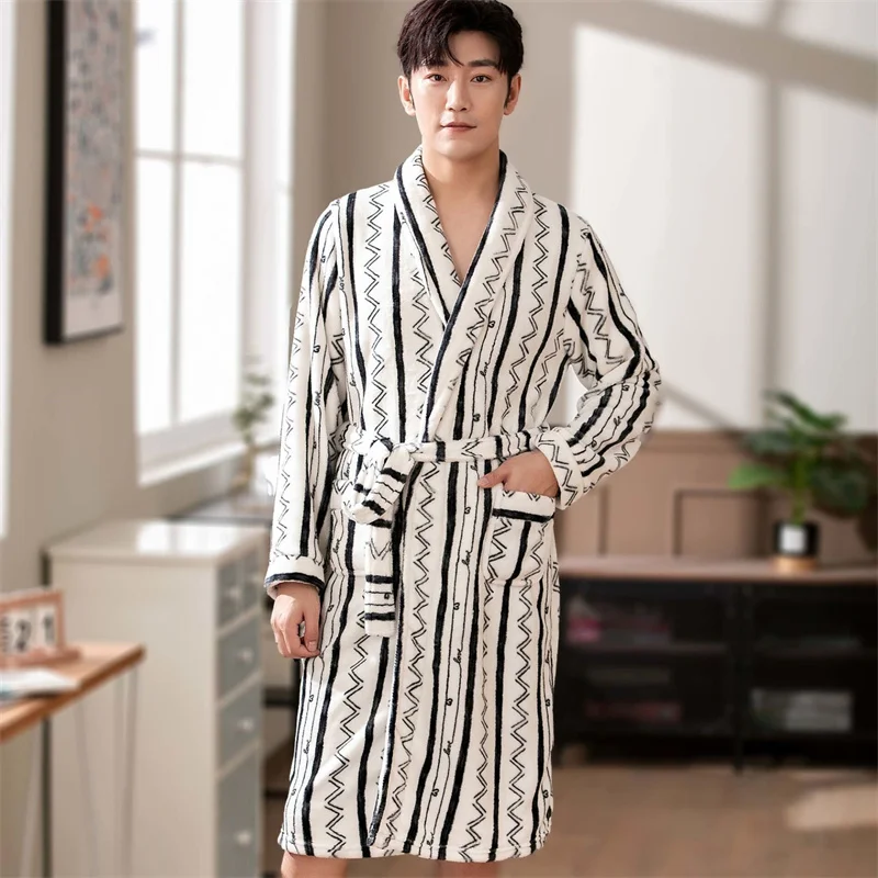 Winter Casual Belt Nightgown For Men Solid Color Flannel Nightdress Men's V-Neck Full Sleeve Nightwear 2022 Fashion Homewear