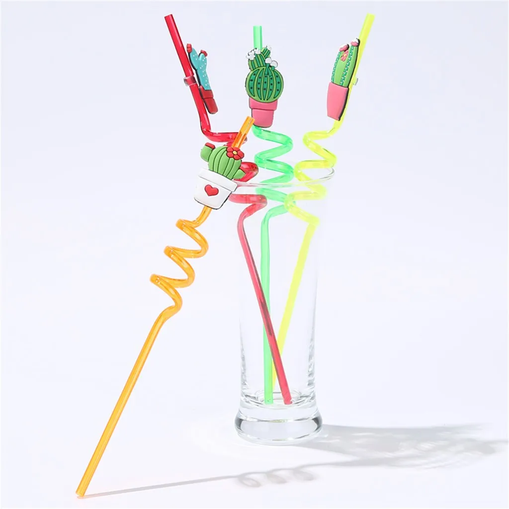 4Pcs Cartoon Different Shape Cactus Plastic Spiral Drinking Straws Children Use Birthday Party Bar Club Juice Wine Cup In Stock |