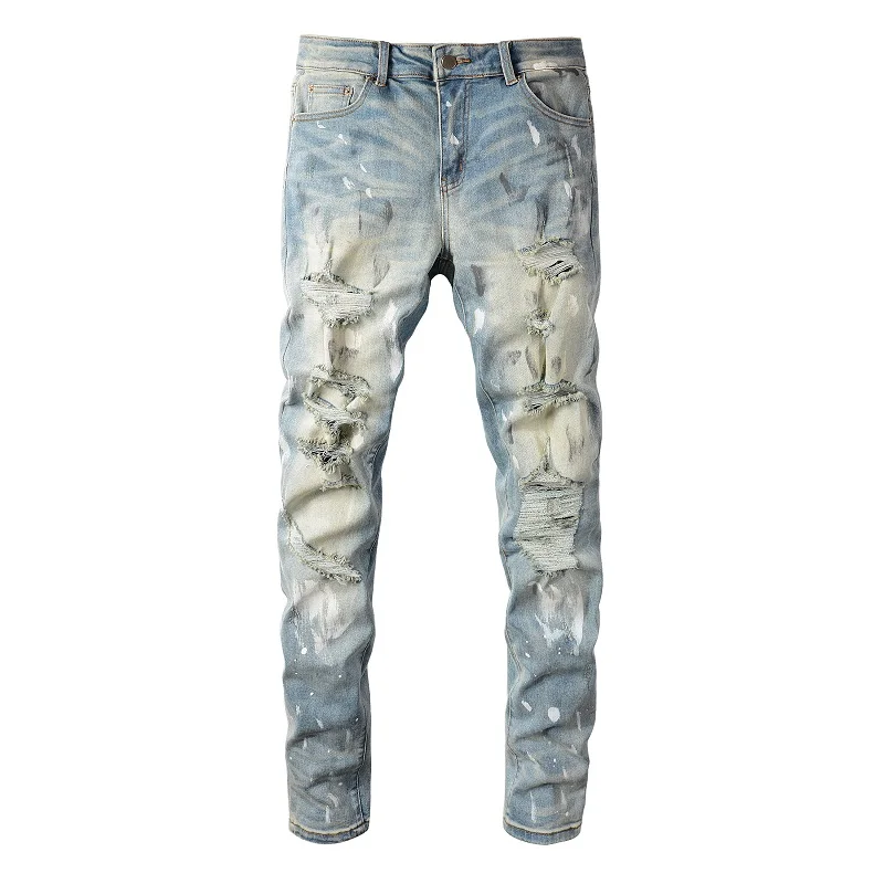 

New Arrivals Men's Light Blue Slim Fit Streetwear Distressed Skinny Stretch High Street Holes Bandana Patchwork Ripped Jeans