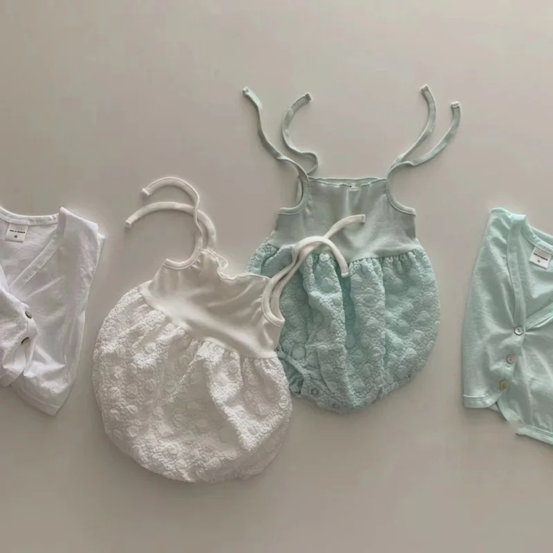 

2022 Summer New Baby Sleeveless Sling Bodysuit Solid Infant Jumpsuit Cute Cotton Cardigan Toddler Girls Clothes
