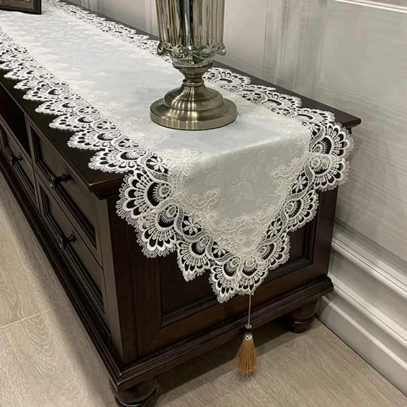 Lace Table Runner Decoration for Home Embroidered TV Cabinet Tablecloth Pendant Tassel Dresser Table Manteles De Mesa Dust Cover