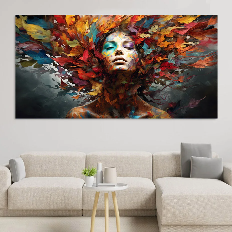 Красочные листья женский плакат большого размера настенное искусство холст