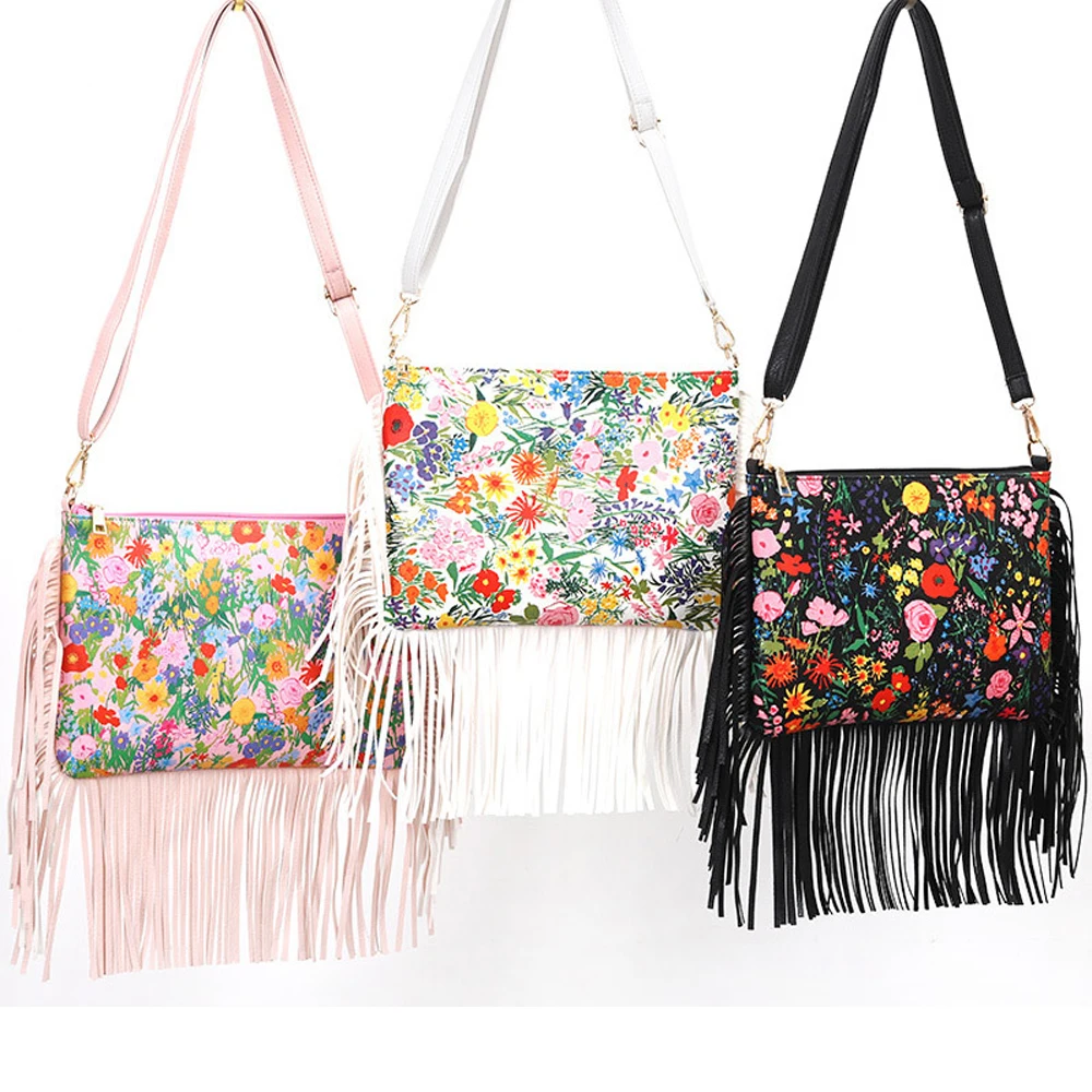 

PU Leather Crossbody Bags Women Luxury Designer Flower Printing Tassels Shoulder Bag Ladies Vintage Versatile Messenger Bag