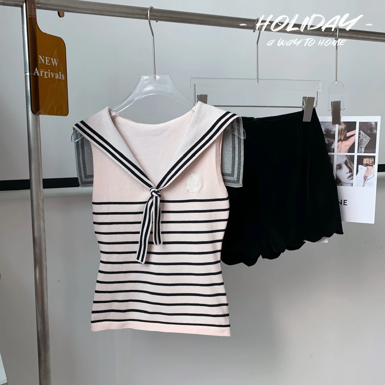 

Highball Girls Striped Vest Women's Summer French Retro Navy Collar Shawl Knitted Top
