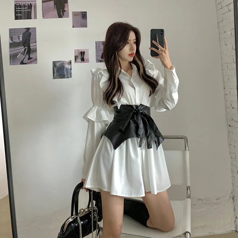 

Loose White Lapel Ruffles Flare Sleeve Shirt Dress Short with Belt Chic Korean Fashion Casual Slim Waist Office Lady Temperament