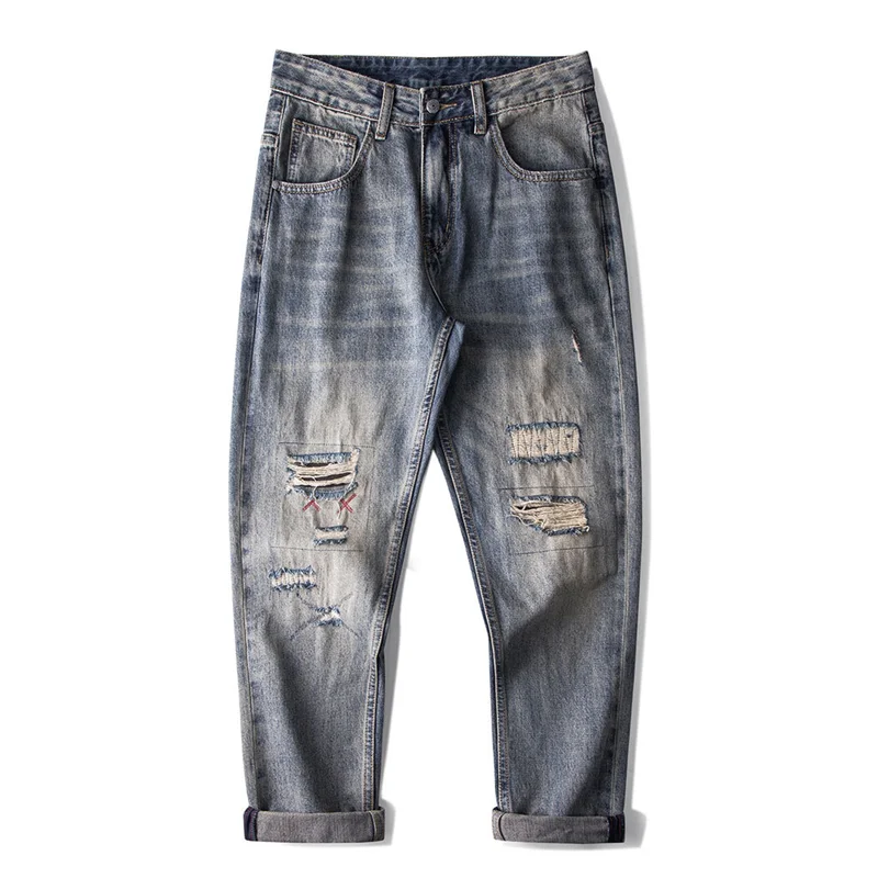 Streetwear Men New Pattern Hole Blue Jeans Vintage Loose Recreational Straight Cylinder Mopping The Floor Trousers Autumn Female