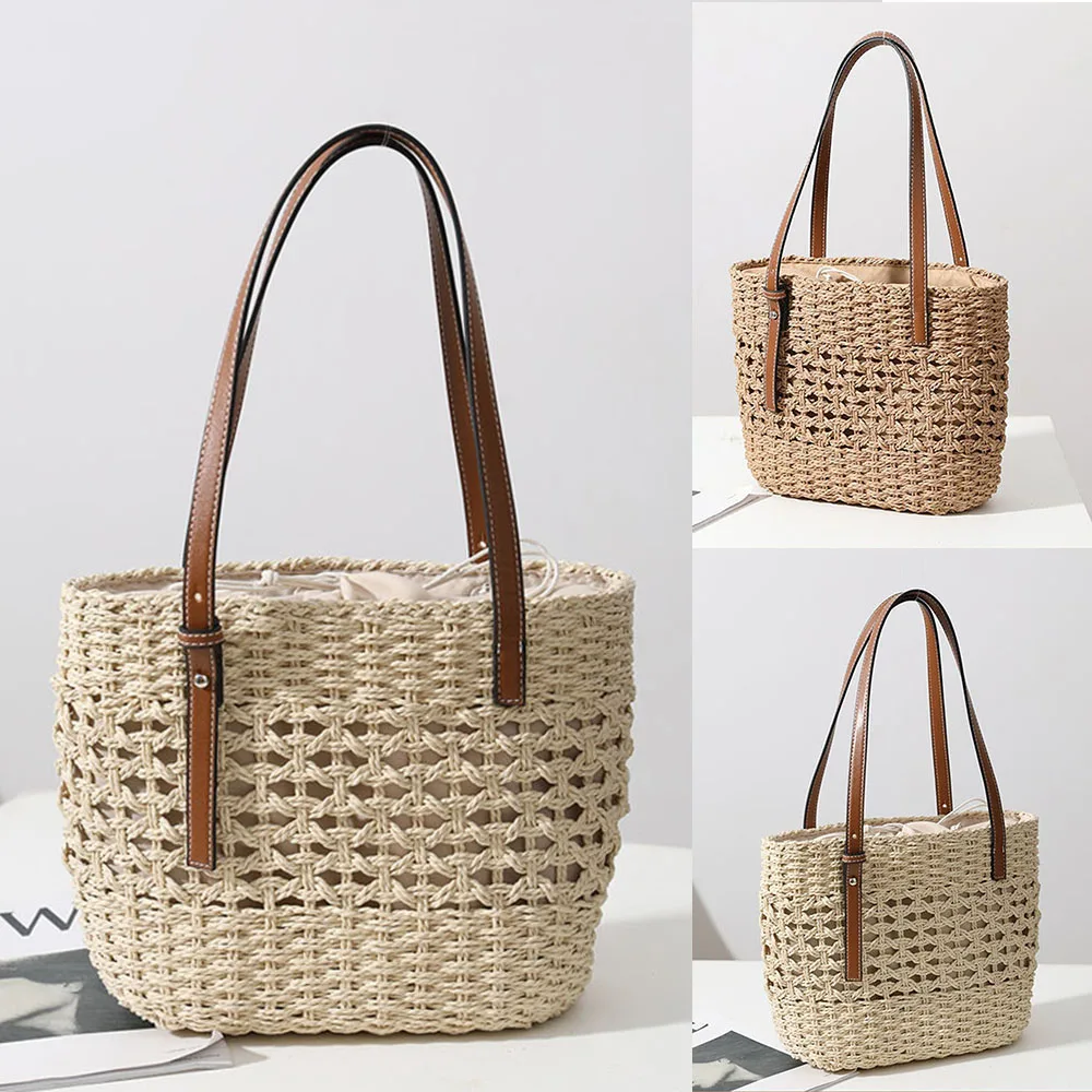 Summer Straw Bags For Women Straw Shoulder Bags Rattan Woven Top Handle Bag Hollow Crochet Beach Bag Casual Handbags 2023