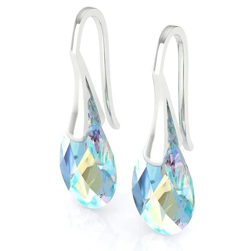 Luxury Silver Color Teardrop Crystals Earrings for Women Blue Aurora Borealis Dangle Hook Earring Party Jewelry for Women Gift
