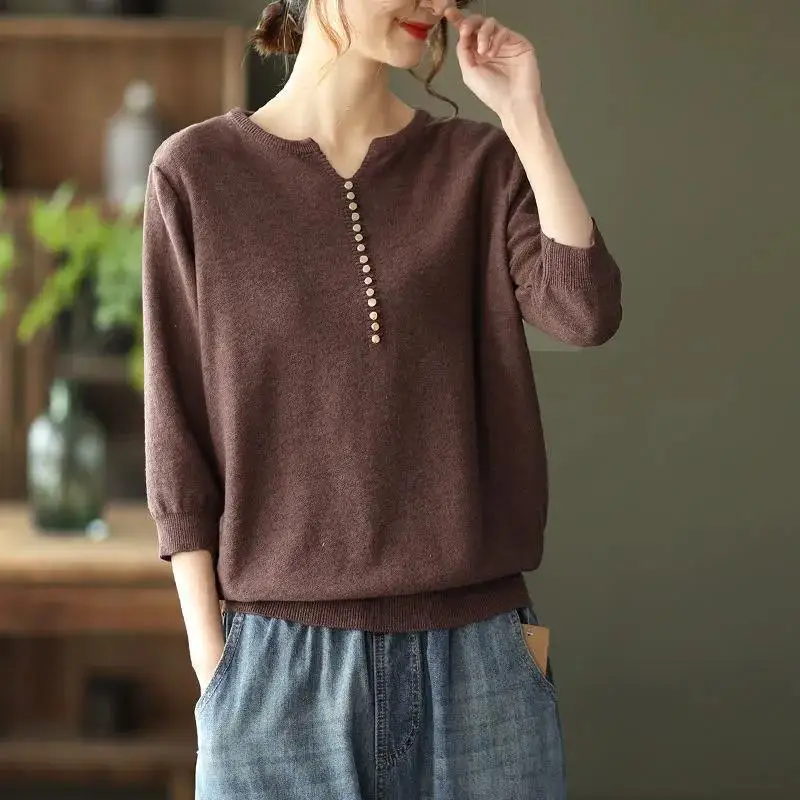 

Women's Loose Long-sleeved Large Size Wool Sweater Pullover Solid Color Wild V-neck Sweater Autumn Fall Knitted Bottoming Shirt
