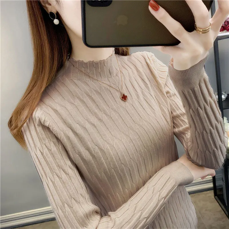 

Women Winter Sweater Fashion Harajuku Autumn T Shirts Long Sleeve Solid Colors Knitting Half High Collar Pullover Slim Basic Top
