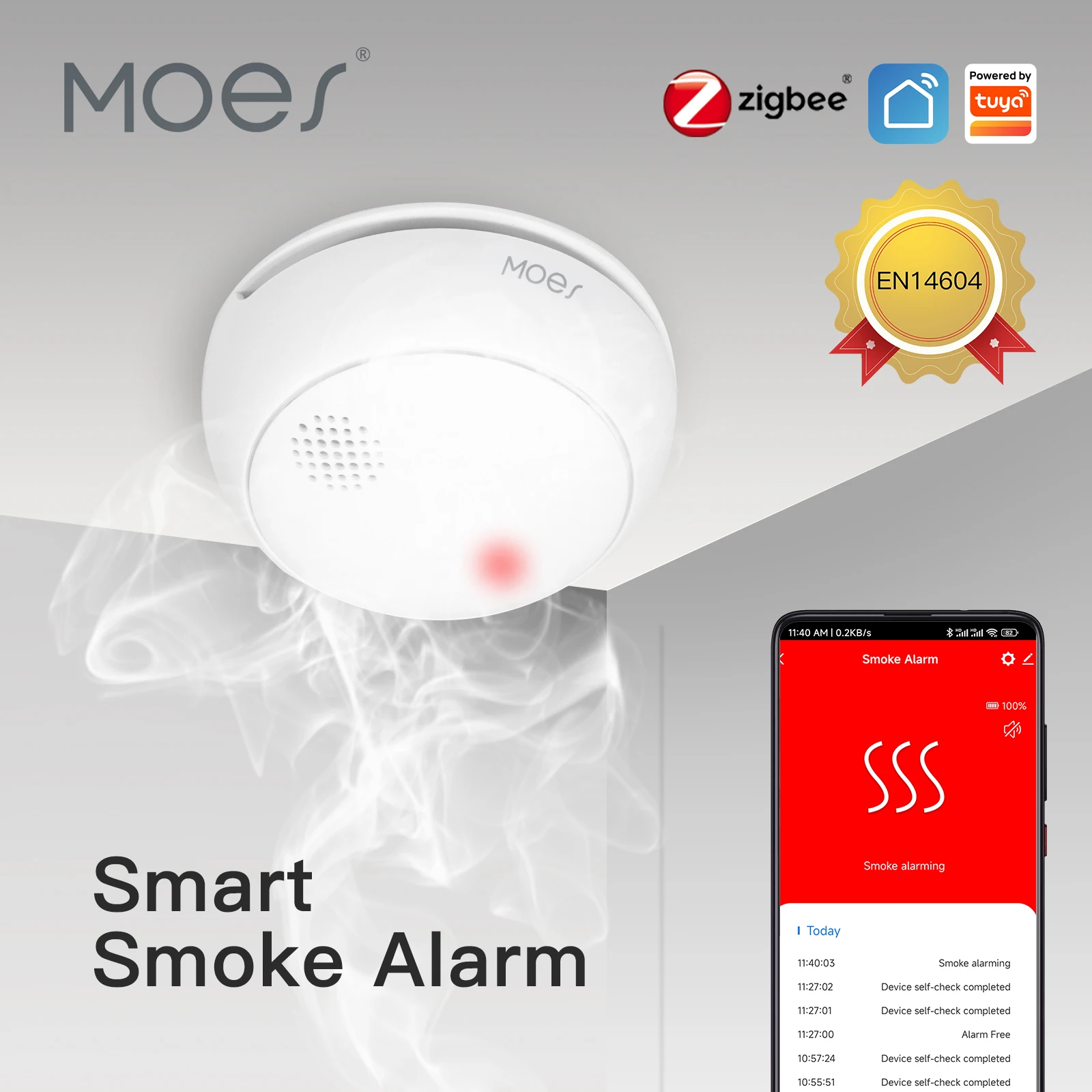 

MOES ZigBee Smart Wireless Smoke Detector Fire 85dB Sound Alarm Siren Sensor Smart Safety Protection Home Kitchen Fire App Alert