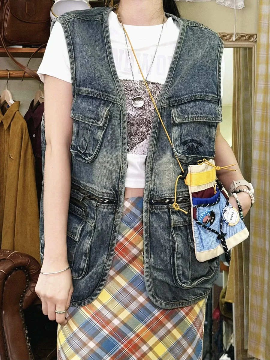 [00 000 80000] Retro Multi-pockets Cargo Denim Vest Women Men's Loose Street Waistcoat Outerwear Tide