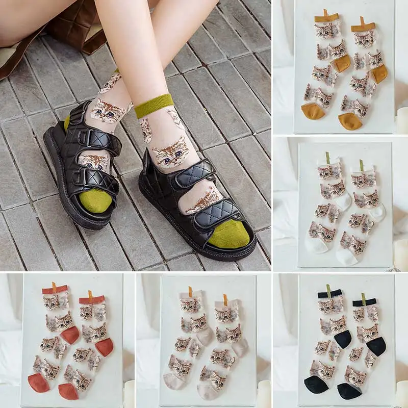 

1 Pair Cute Cartoon Women Transparent Socks New Student Short Socks Spring Summer Cartoon Cat Silk Stocking Japanese Hosiery