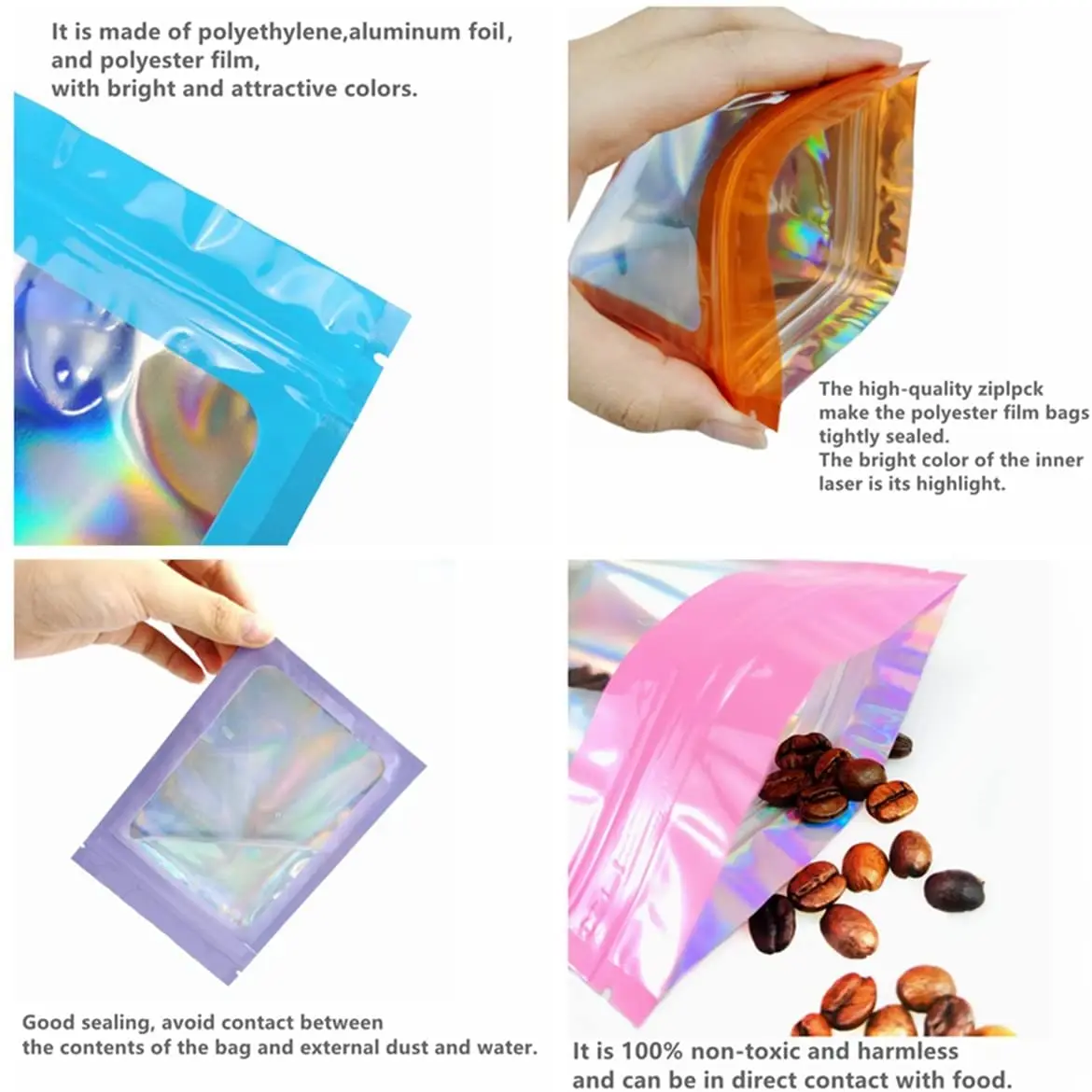 50pcs/lot Thicken Ziplock Bags Holographic Laser Color Plastic Pouch For DIY Jewelry Retail Storage Pouch Zip Lock Bag NO Hole