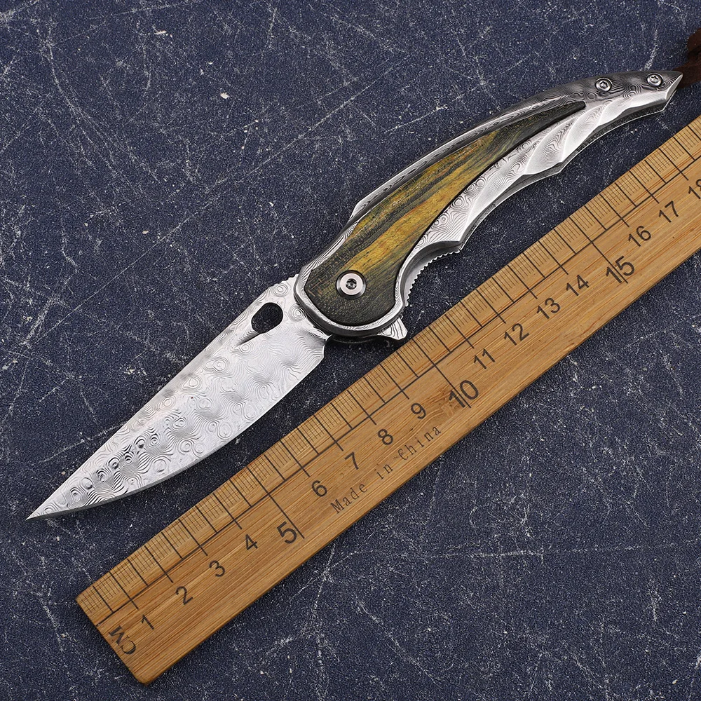

Portable Damascus Steel Folding Stabilized Wooden Handle Outdoor Camping Hunting Multifunctional EDC Tool Knife