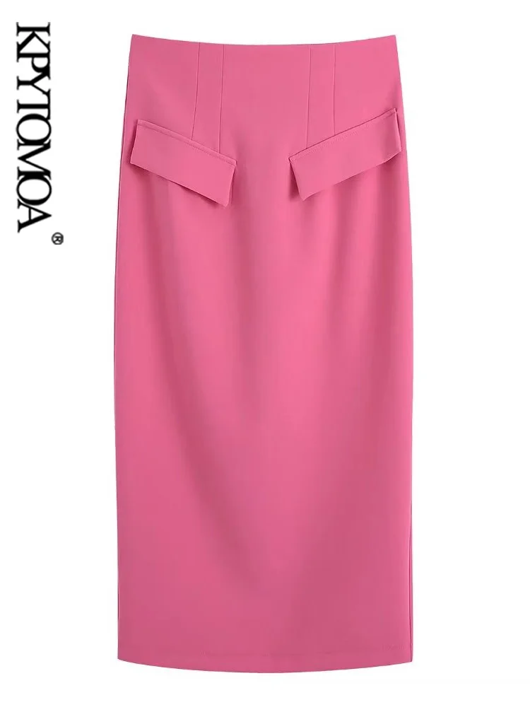 

KPYTOMOA Women Fashion With Front Flaps Midi Pencil Skirt Vintage High Waist Back Zipper Female Skirts Mujer