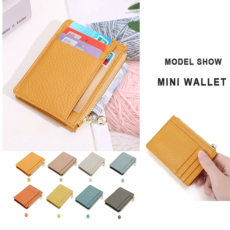 Unisex Ultra Thin Short Clip Zipper Card Holder Genuine Leather Coin Purse Double Side Driving License Cards Leather Lady Wallet