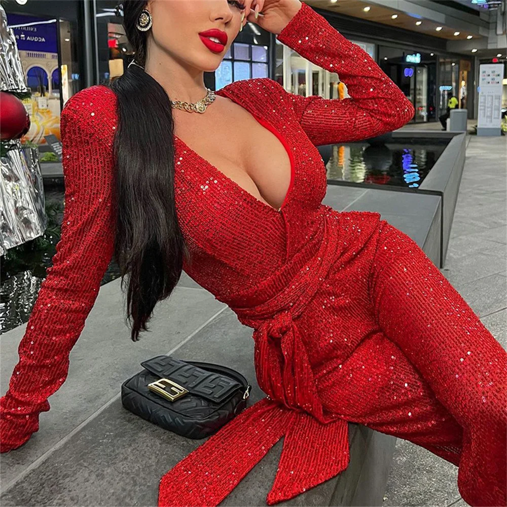 

Women's Sexy V Neck Self Tie Front Long Sleeve Front Club Party Rompers Jumpsuits