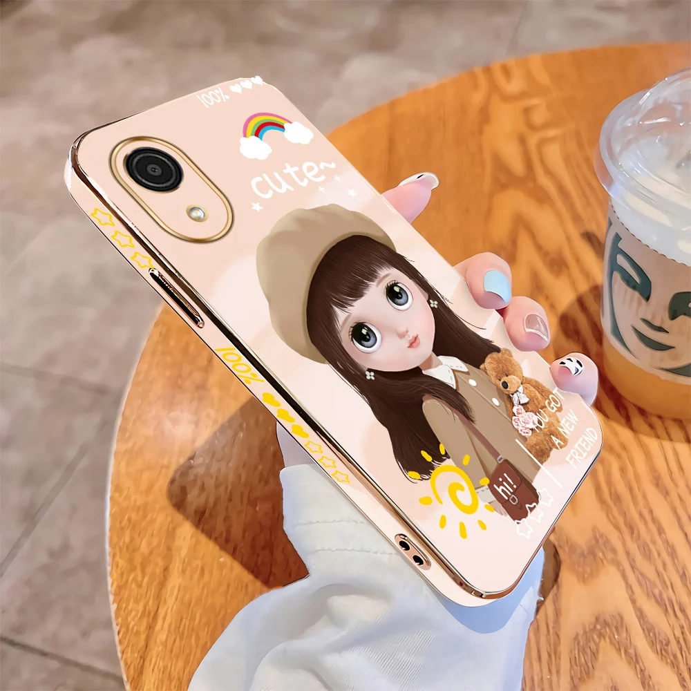 

For Samsung Galaxy A03 Core A03s A02s A02 M02 A01 Luxury Square Case Cartoon Girls Plating Soft TPU Cover Shockproof Cases