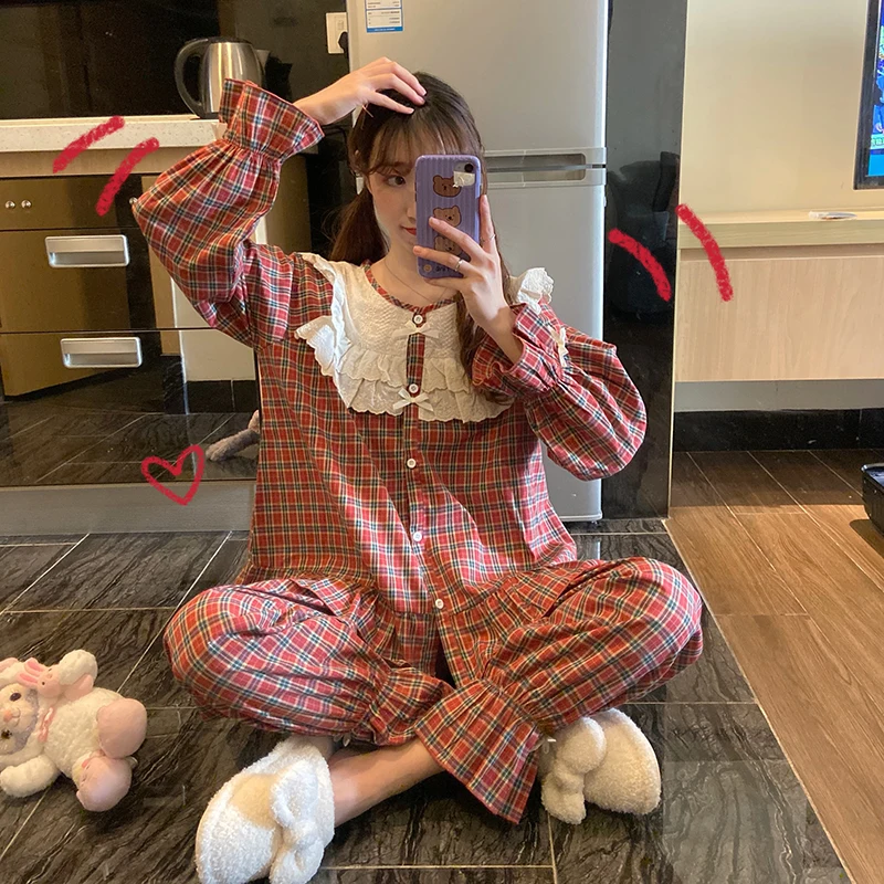 

Korean Vintage Plaid Autumn Pajamas Set Women Peter Pan Collar Shirts + Trousers Set Two Piece Home Suit Cotton Kawaii Soft