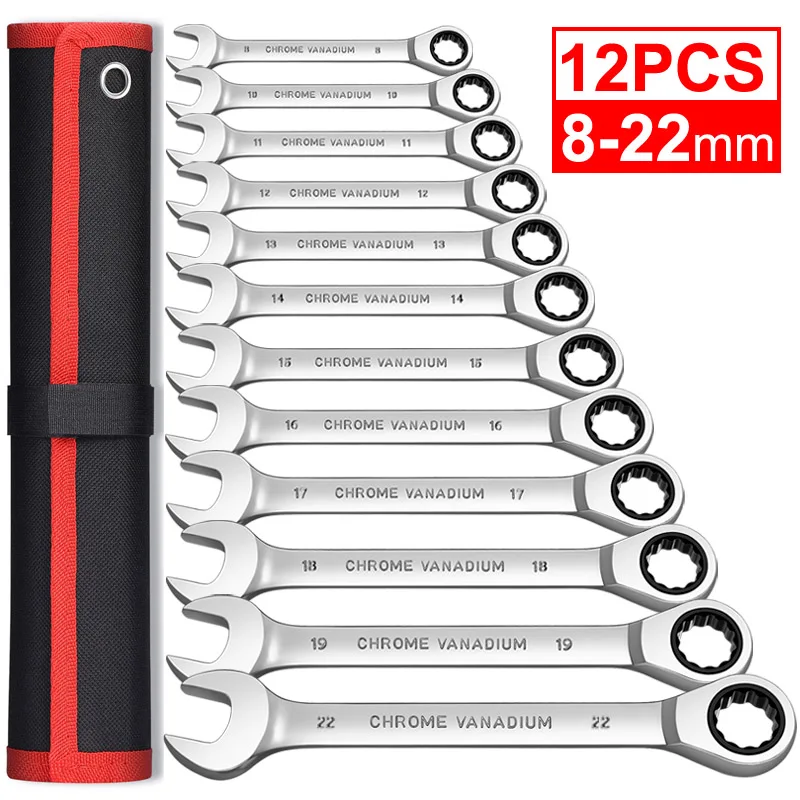 

Ratcheting Wrench Set Metric and Standard 12-Point Box End Combination Spanner Gear Wrench Garage Tool Set,CR-V Full Polished