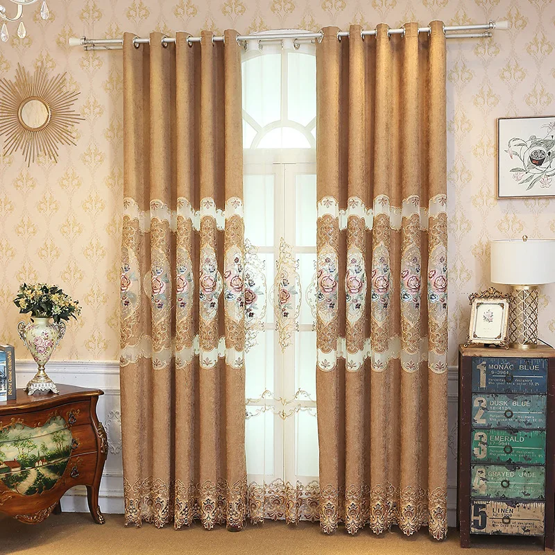 

European-style hollow water-soluble embroidered chenille curtains Nordic villa living room dining room bedroom blackout curtains