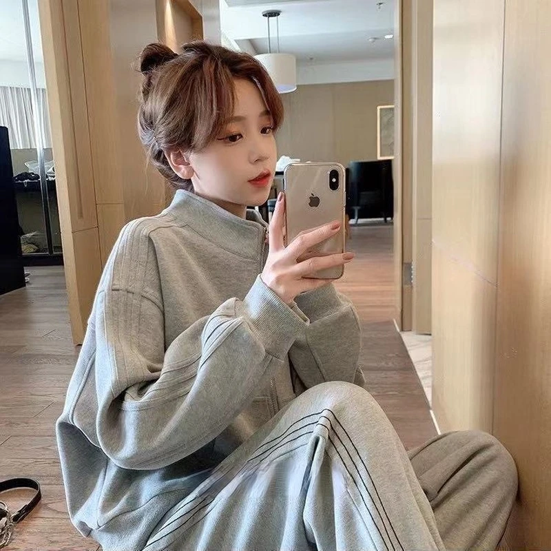 

Autumn Solid Casual Sportswear Set Women Long Sleeve Clothes Zipper Sweatshirt Trousers Matching Suit Female Pencil Pants Outfit