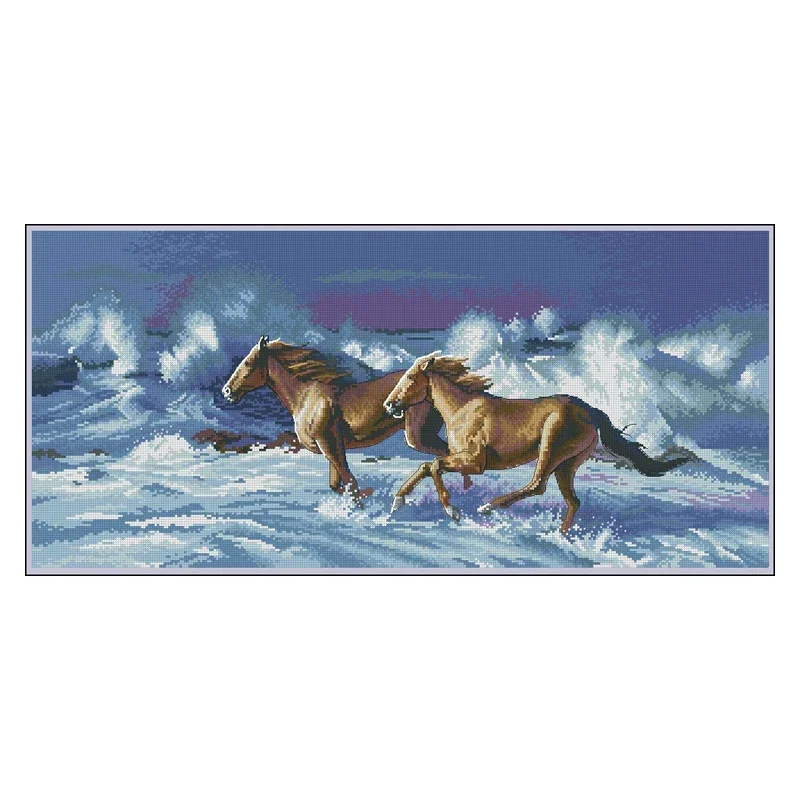 Amishop Gold Collection Прекрасный набор для вышивки крестом Wave Runner Galloping Horses Two Brown Horse Running Dim