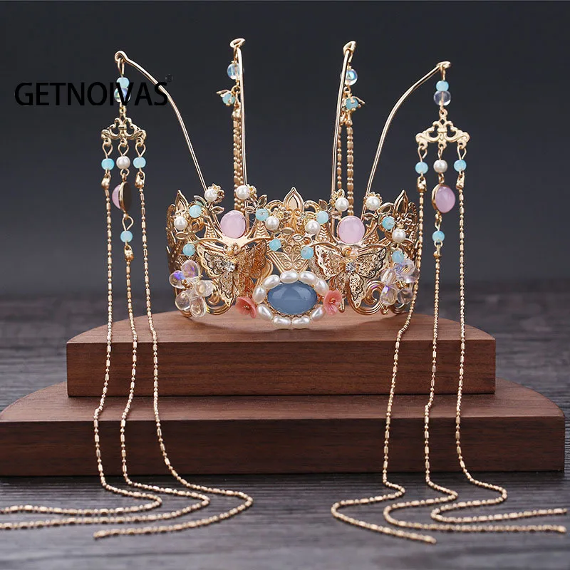 Антикварный головной убор Hanfu Phoenix золотого цвета свадебные аксессуары для волос