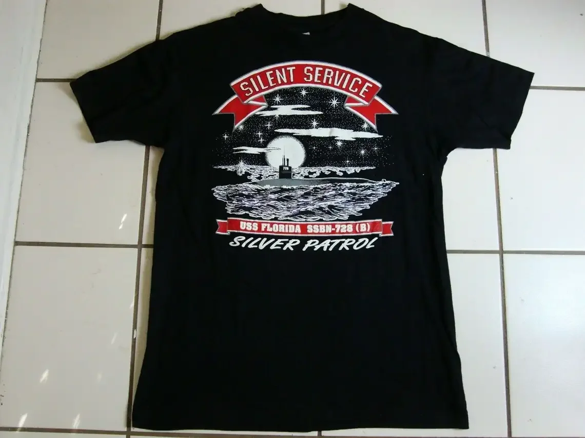 Фото Винтажная футболка Silent Service Silver Patrol USS Florida SSBN-728 Submarines, 100% хлопок, повседневная мужская футболка с круглым вырезом и коротким рукавом №1
