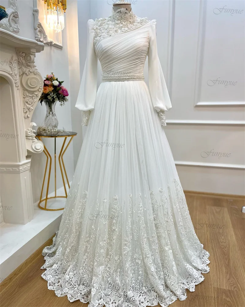 

Мусульманское свадебное платье It's yiiya, мусульманское платье невесты с длинным рукавом, высоким воротом и цветочным бисером, кружевное свадебное платье Дубая, 2023