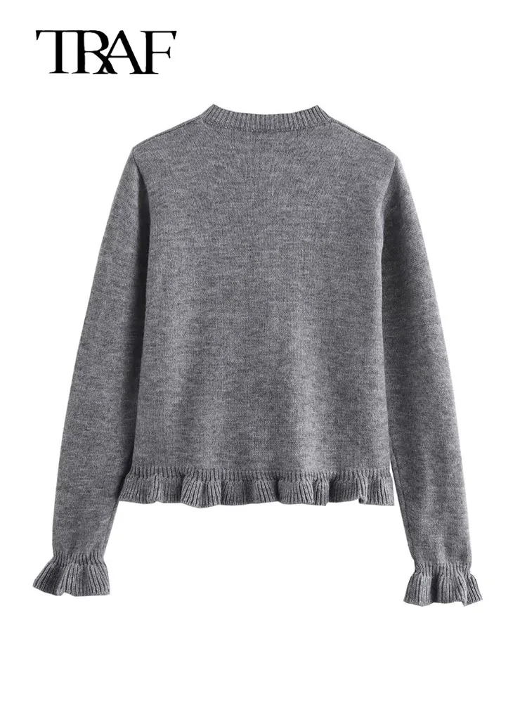 TRAF женский серый вязаный кардиган с рюшами верхняя одежда новый осенний свитер