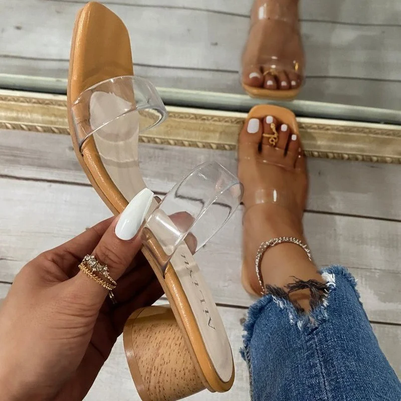 

2022 New Summer Woman Slippers Fashion Sexy Transparent High Heels Square Heel Slippers Mules Ladies Open Toe Party Sandals