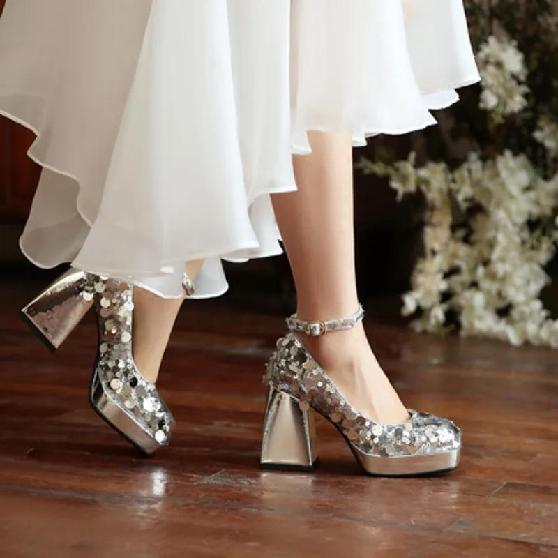 Женские туфли на высоком квадратном каблуке с блестками размеры 32-40