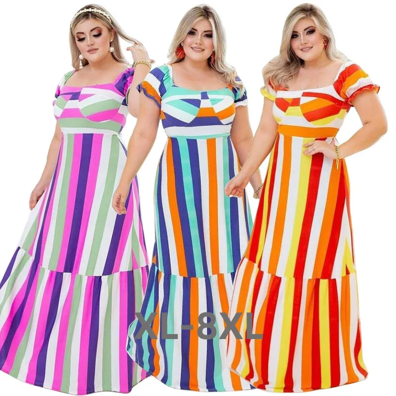 Plus Size New Fashion Spring/summer Large Women's Colorful Stripe Print Loose Short Sleeve Large Swing 3xl 4xl 5xl 6xl