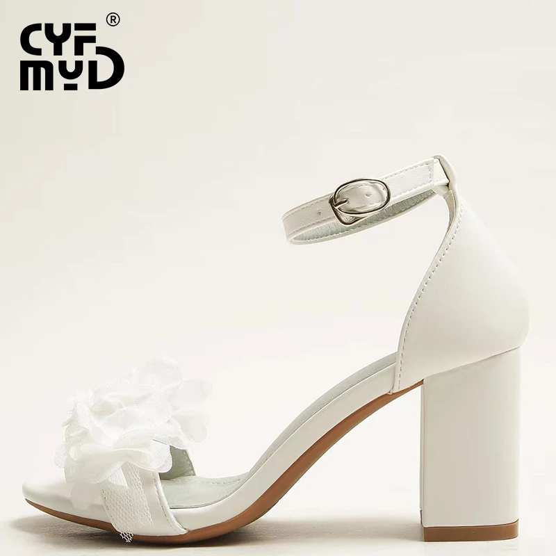 Block Heels for Women Sandals 2022 White Floral Summer Pumps Ankle Buckle Elegant Medium Heel Chunky Wedding Bridal Shoes