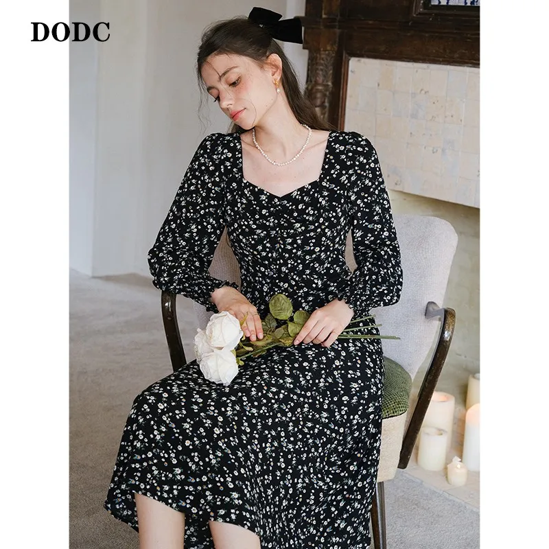 

Dodc Skirt Women'S 2022 French Tea Break Square Collar Open Back Floral Long-Sleeved Waist Autumn Dress New