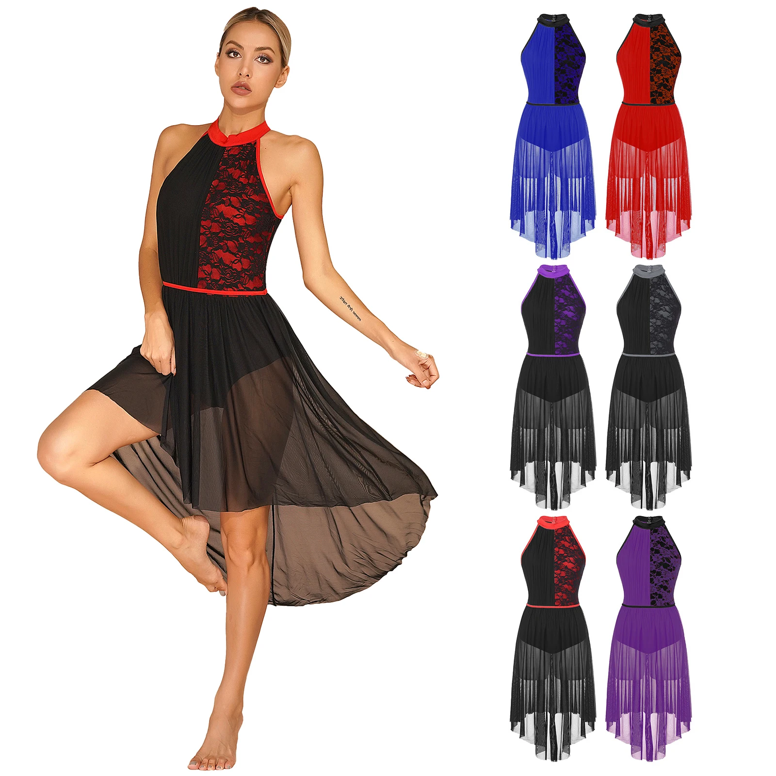 

Womens Lyrical Dance Dress Sleeveless Floral Lace Patchwork Color Block Halter Modern Dance Dresses Stage Performance Costume
