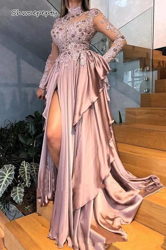 

Сексуальные Выпускные платья с Боковым Разрезом и длинными рукавами, кружевное платье-трапеция с высоким воротником и аппликацией из бисера, деловые вечерние платья для женщин