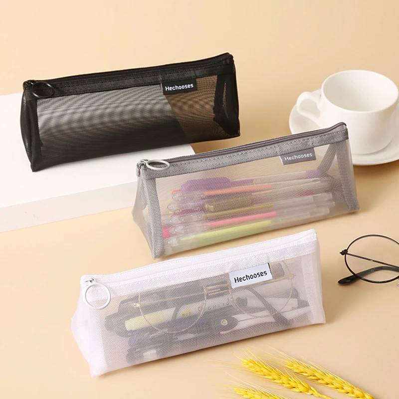 

1Pcs Zipper Pencil Bags Simple Transparent Mesh Pen Case Three-dimensional Triangle School Office Cute Stationery Organizer Box