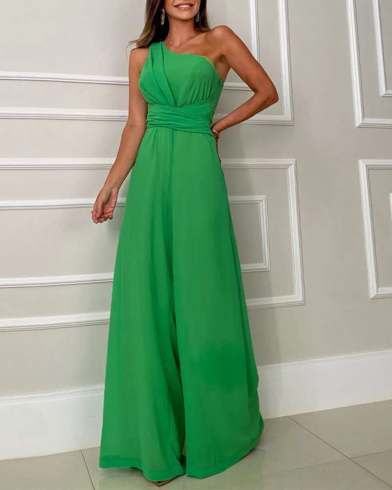 

One Shoulder Ruched Wide Leg Bootcut Jumpsuit Women Loose High Waist Spring Summer Sleeveless Sexy Overall Pants Jumpsuits