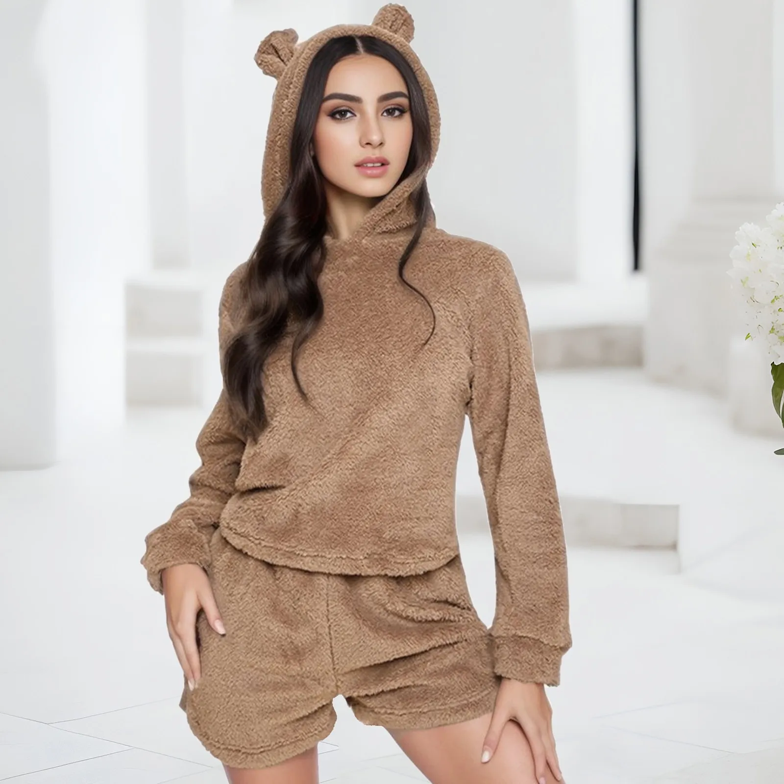 

Autumn And Winter Home Nightgown Women'S Long Thickened Pajamas Solid Color Flannel Bathrobe Home Shorts Suit Long Sleeves